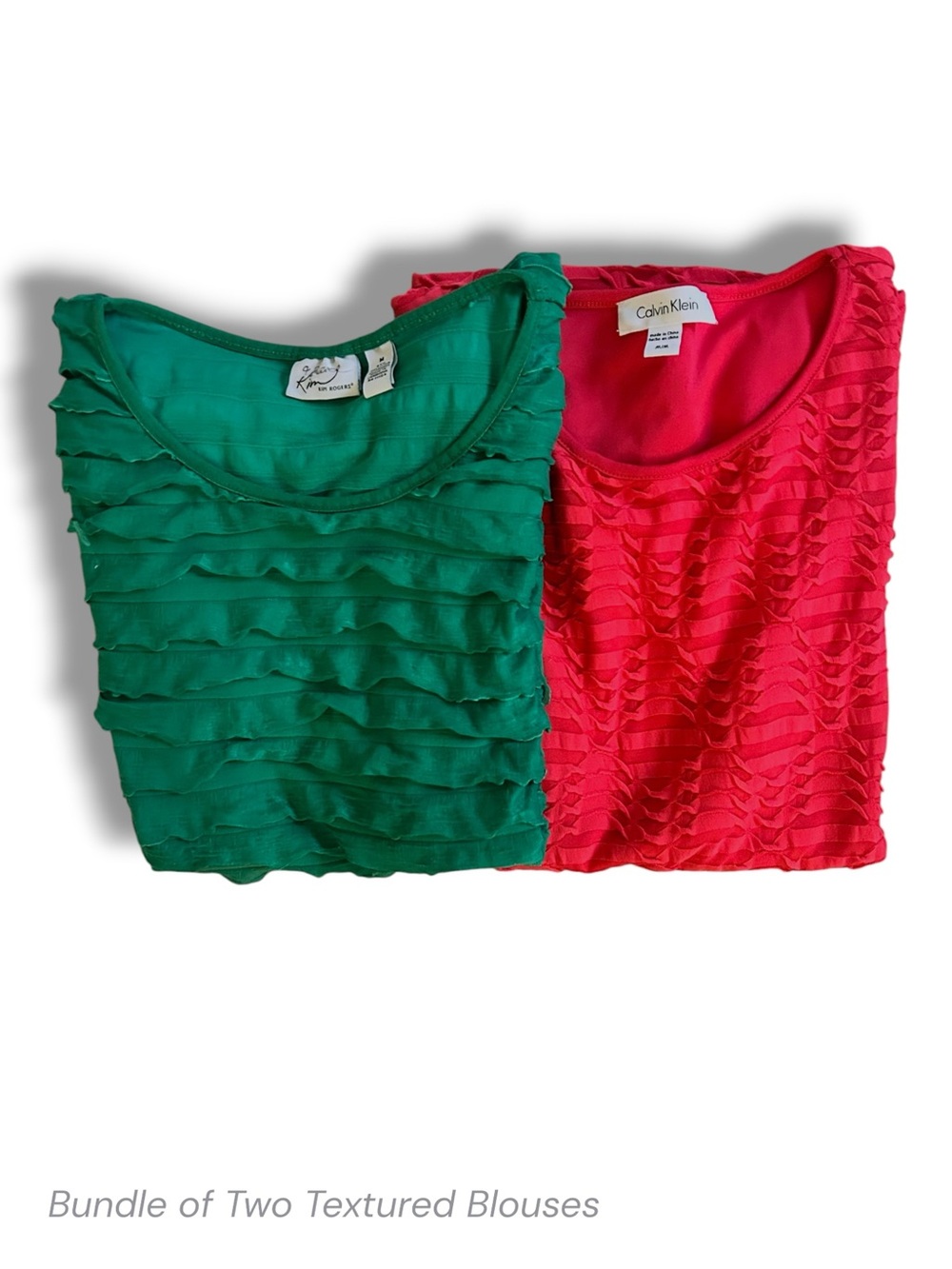 Bundle 2 Layered Ruffle Scoop Neck Tops Calvin Klein Kim Rogers Hot Pink & Green